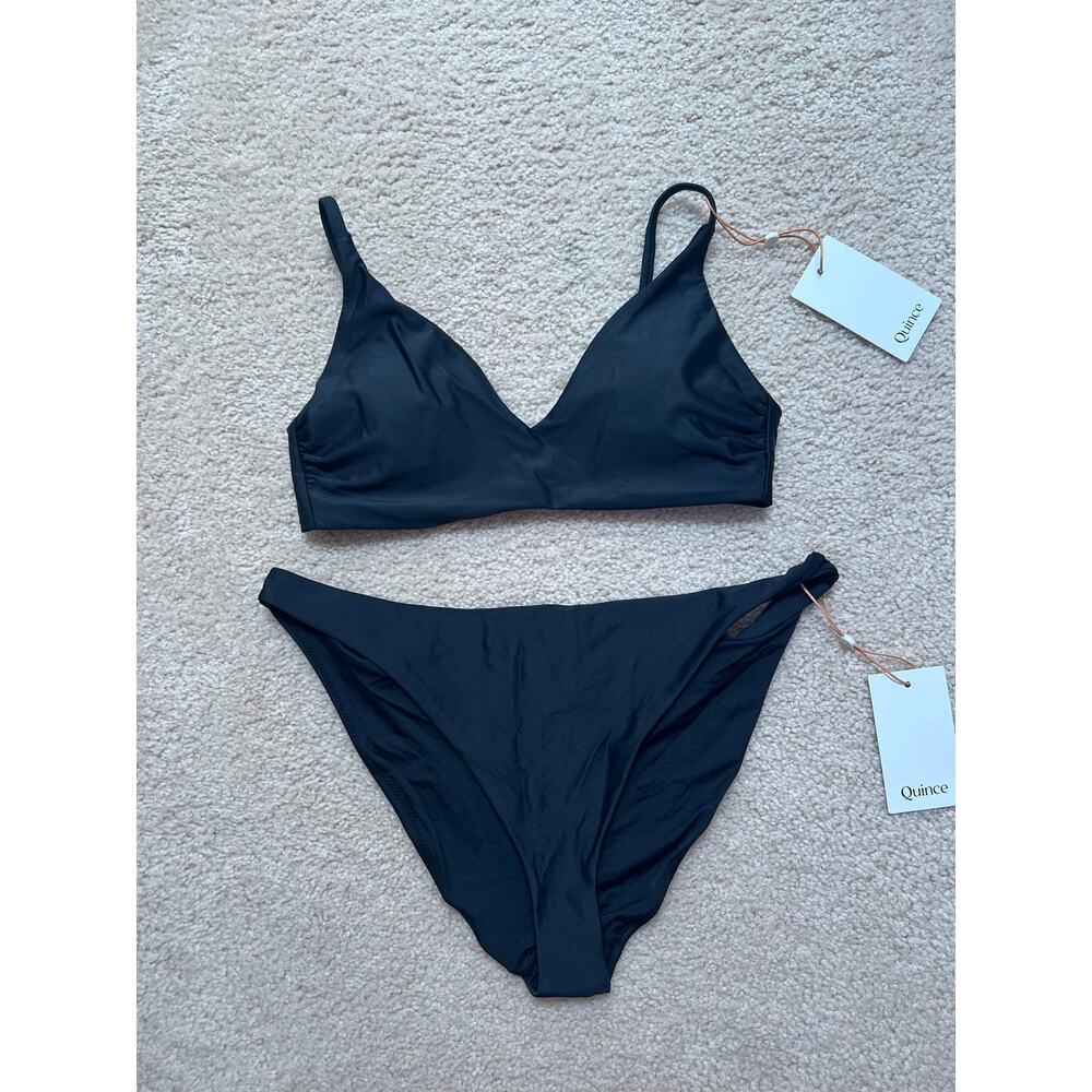 NEW Quince Black Italian Bikini Set Swimsuit Plunge V Top Sz S High Leg Bottom M